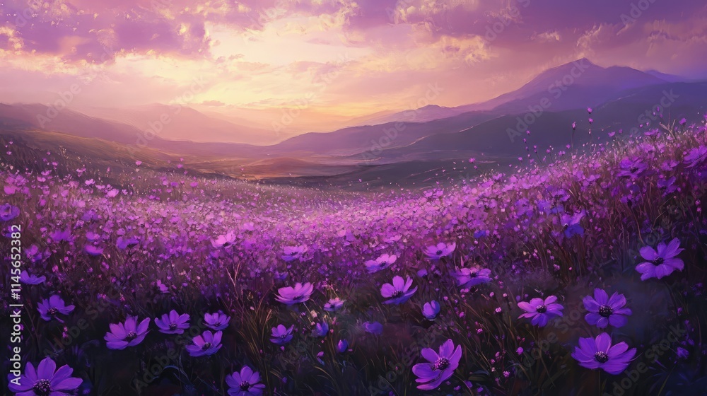Naklejka premium tranquil meadow carpeted with vibrant purple flowers under a colorful sunset with distant mountains and gentle rolling hills in the background