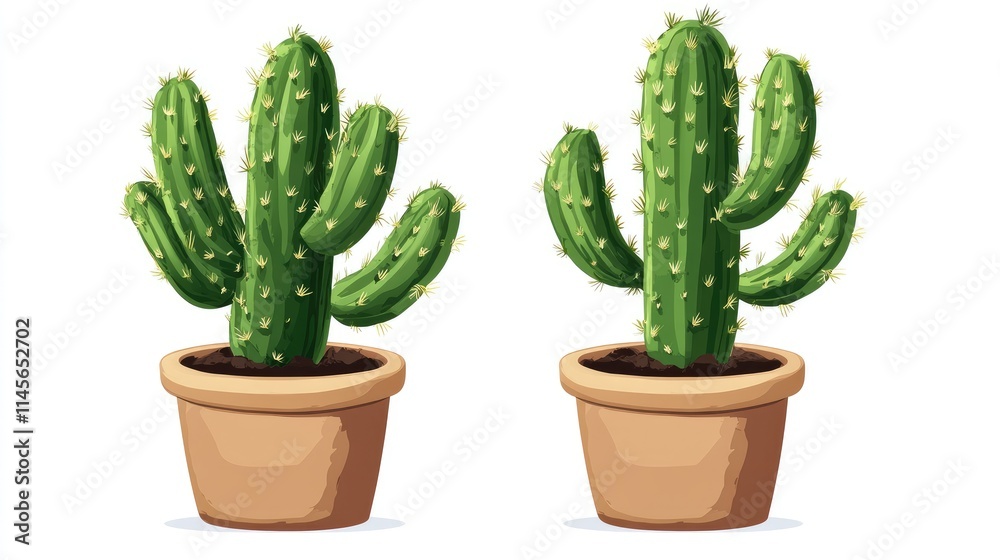 Two decorative cacti in clay pots displayed against a white background ideal for home decor and botanical illustrations. Two decorative cacti in clay pots displayed against a white background ideal for home decor and botanical illustrations.
