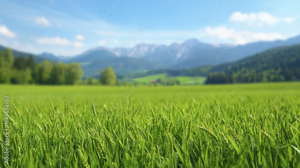 Lush green grass field with mountains in background under clear blue sky, creating serene and peaceful landscape Lush green grass field with mountains in background under clear blue sky, creating serene and peaceful landscape