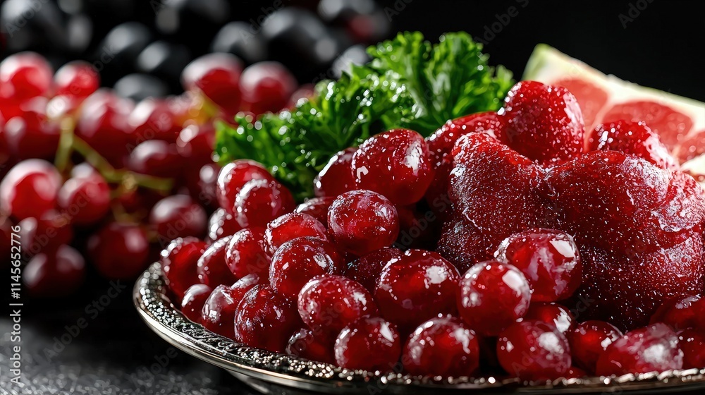 Close-up of red grapes, strawberries, and grapefruit on a silver platter. Close-up of red grapes, strawberries, and grapefruit on a silver platter.