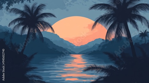 Tropical Sunset Over Lake with Silhouette of Palm Trees and Mountains in Background