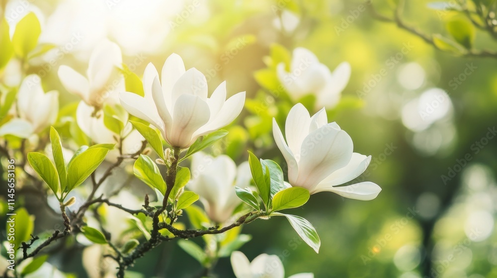 A cluster of white magnolia flowers on a tree branch with green leaves, soft focus shot, Garden serenity style A cluster of white magnolia flowers on a tree branch with green leaves, soft focus shot, Garden serenity style