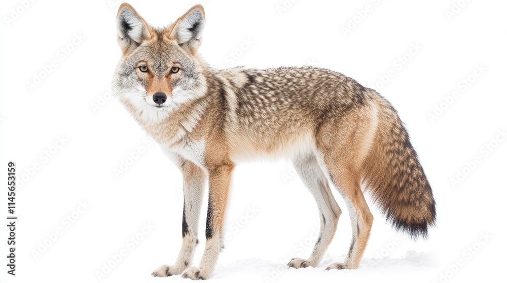 Coyote standing gracefully on a white background highlighting its natural beauty and unique features Coyote standing gracefully on a white background highlighting its natural beauty and unique features