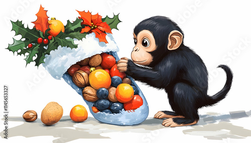 Curious Chimpanzee Exploring Christmas Stocking Filled with Nuts and Fruits.