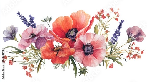 Colorful bouquet of natural wildflowers with poppies and lavender in a delicate watercolor style on a white background