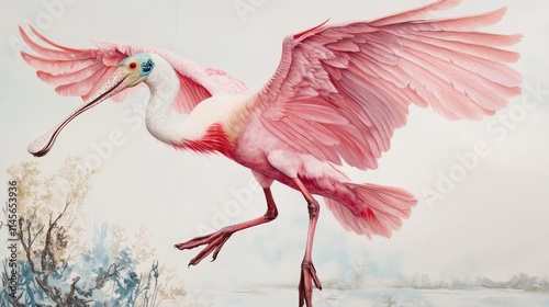 Roseate spoonbill gracefully landing on a perch with open wings against a soft pale sky in a serene natural setting photo