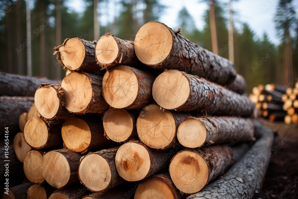 Cut wooden logs in the stack. Lumber in the forest Cut wooden logs in the stack. Lumber in the forest