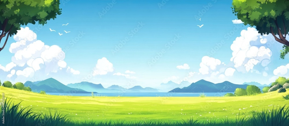 Vibrant landscape illustration showcasing a serene blue sky and lush green field ideal for adding personal text or messages