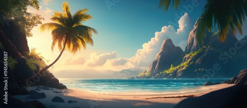 Tranquil beach scene with a coconut tree and picturesque mountains under a bright sky at sunset