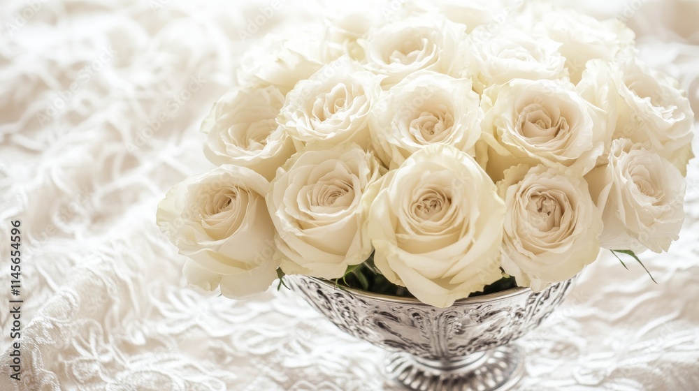 A cluster of white roses in a silver bowl on a vintage lace tablecloth, medium shot, Classic style A cluster of white roses in a silver bowl on a vintage lace tablecloth, medium shot, Classic style
