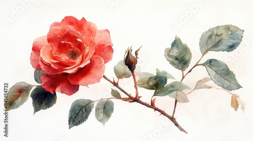Elegant red rose watercolor illustration with delicate leaves on a soft white background ideal for floral design projects and decor.