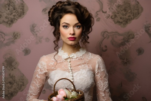 Portrait of a beautiful young woman in lace dress with basket of tulips photo