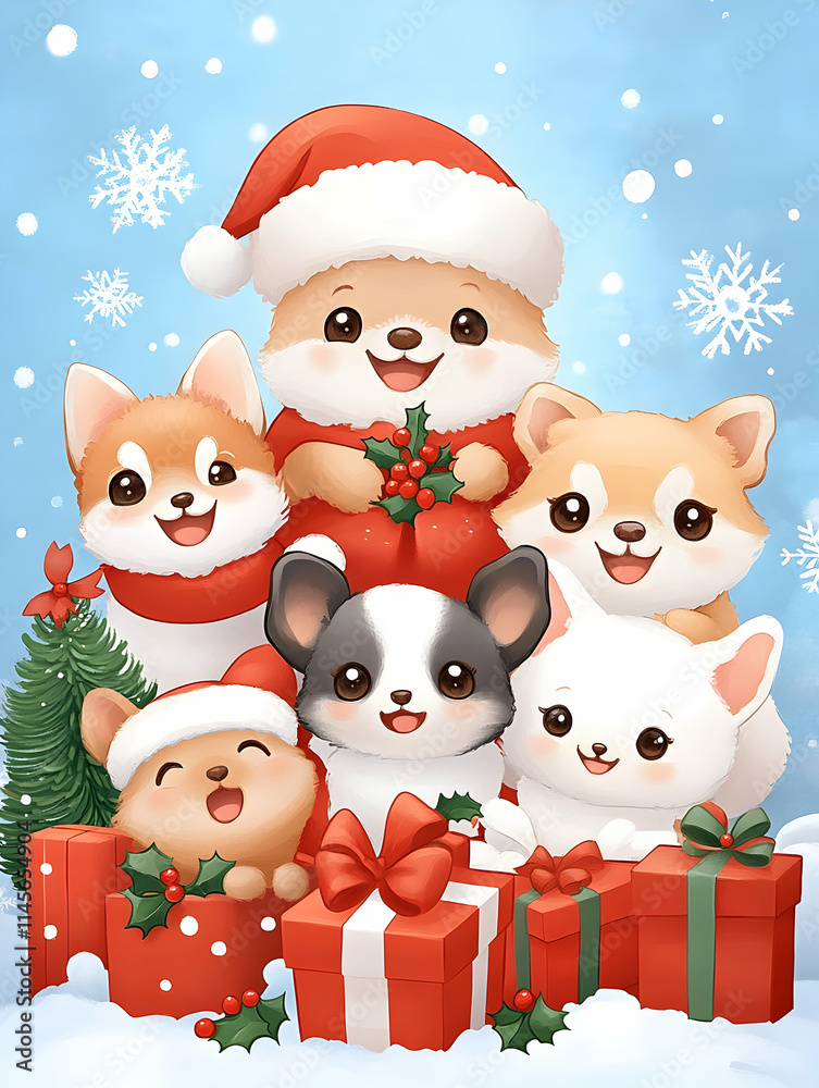 Cute Christmas puppies snowy background greeting card. Cute Christmas puppies snowy background greeting card.
