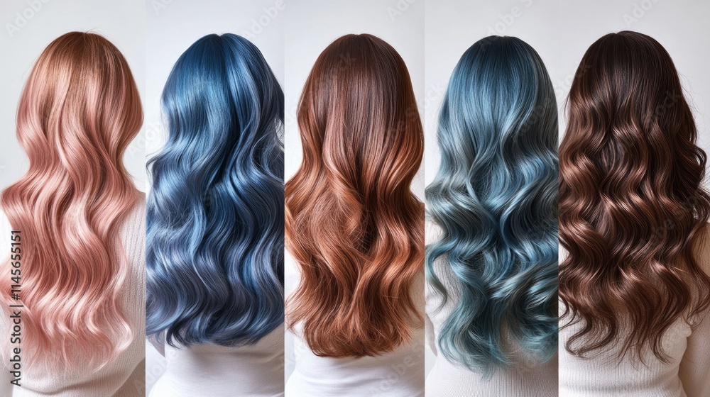 Fototapeta premium A series of women hair colors, featuring highlights like rose gold, ombre blue, and glossy chocolate brown. Each style is styled distinctively, from sleek ponytails to loose, flowing waves,