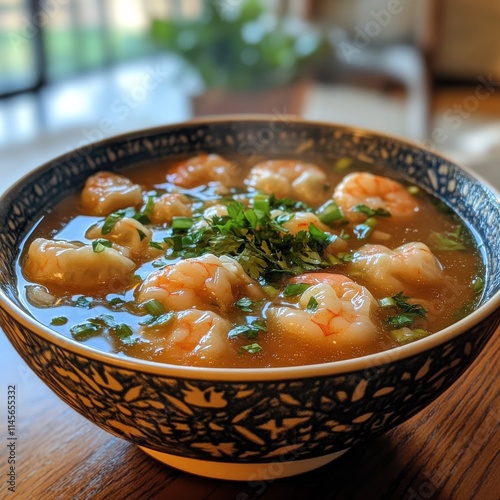 Dumplings and Soup in a Window-Lit Room, Natural Lighting, Cozy Tabletop Setting - Food Photography for Blogs, Websites, or Advertisements