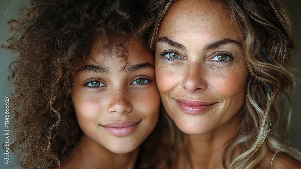 A mother and daughter hug and smile in a studio portrait, showing appreciation and support on Mother's Day.