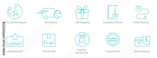 24x7 Customer Support, Fast Delivery, Gift Wrapping, Contactless Delivery, Order Tracking, Loyalty Rewards, Free Samples, Buy One Get One Free, Limited Edition, Secure Payment Icon Set