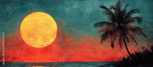 Tropical sunset with palm tree silhouette against vibrant orange and teal sky creating a serene and picturesque seaside atmosphere