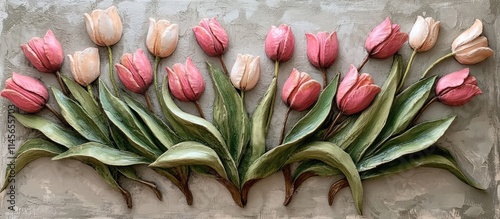 Bouquet of pink and white tulips with green leaves arranged against a textured gray brown wall and table top view flat lay
