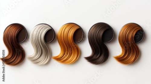 A sophisticated display of six hair extension color swatches on a crisp white background. The shades range from golden honey to rich coffee, with grey-brown, chestnut, medium wood tone, and ash blonde photo