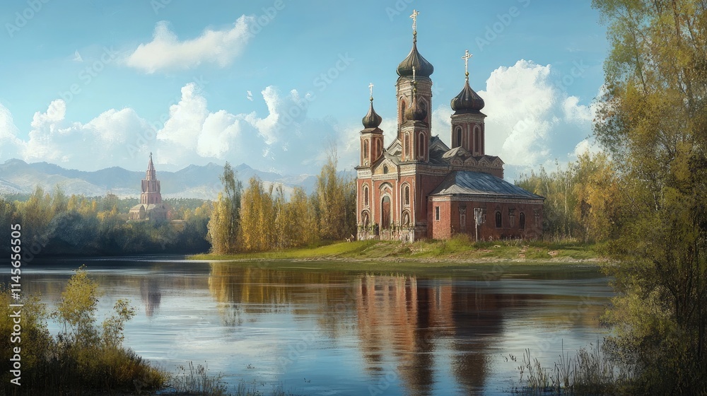 Transfiguration Church in Monastery Surrounded by Lush Nature Reflected in Calm Waters Under a Clear Sky Transfiguration Church in Monastery Surrounded by Lush Nature Reflected in Calm Waters Under a Clear Sky