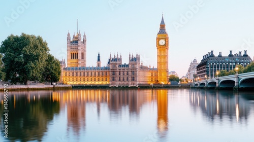 The Palace of Westminster and Big Ben illuminated at dusk with reflections on the calm River Thames in London.