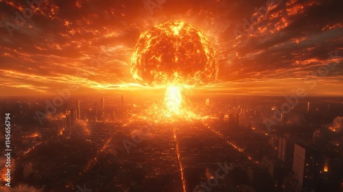 A mushroom cloud explodes in a city from a nuclear attack, representing destruction, fire, smoke, war, bomb impact, apocalypse, and burning.