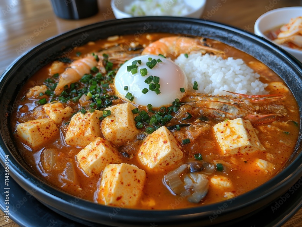 Asian cuisine dish, tender meat, rice base, egg, shrimp, vegetables, green herbs, red sauce in indoor setting, dining table Asian cuisine dish, tender meat, rice base, egg, shrimp, vegetables, green herbs, red sauce in indoor setting, dining table