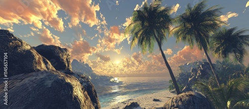 Serene coastal landscape with coconut trees silhouetted against a vibrant sunset sky over calm ocean waters and rocky shoreline.