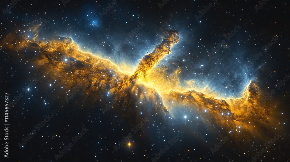 Naklejka premium A nebula glows brightly in space, a dark universe background for adventure and exploration, a wallpaper design showcasing the beauty and mystery of star formation.
