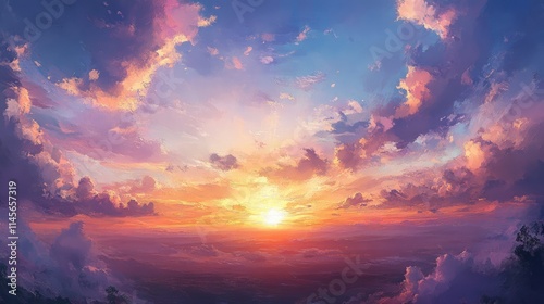 Vibrant sunset sky with dramatic clouds creating a breathtaking atmosphere over a serene landscape at dusk.