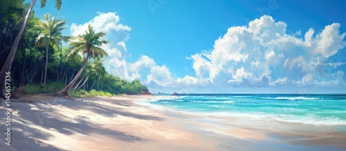 Tranquil beach scene with vibrant turquoise waters, palm trees, and fluffy clouds under a bright blue sky, ideal for vacation themes.