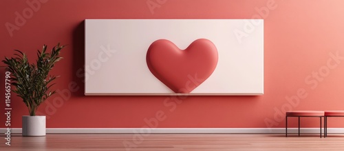 Interior design mockup featuring a large heart sculpture on a textured coral wall with minimalist furniture and greenery.