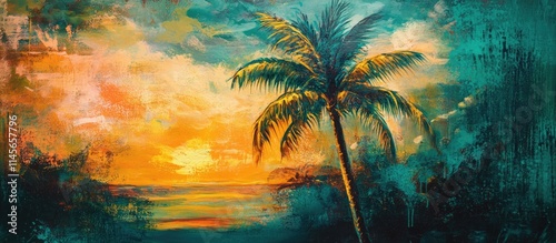 Tropical sunset landscape with palm tree silhouetted against a vibrant sky and ocean in a painterly style