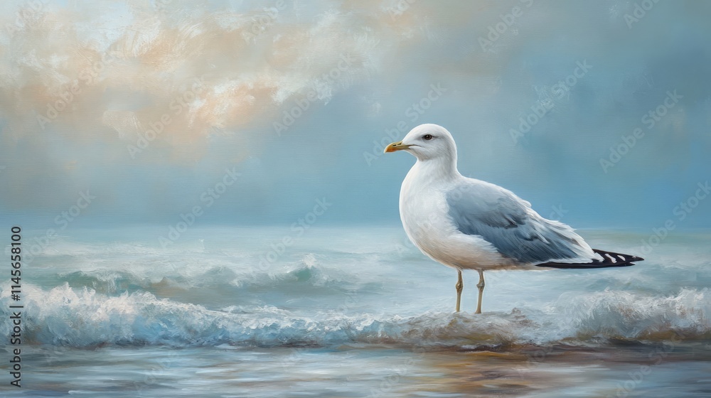 Seagull standing on the shoreline with gentle waves and a serene sky in the background during a calm seaside atmosphere. Seagull standing on the shoreline with gentle waves and a serene sky in the background during a calm seaside atmosphere.