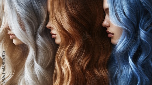 A variety of women hair colors, including ash blonde, caramel brown, and electric blue. Each hairstyle features unique textures like natural waves, cascading curls, photo