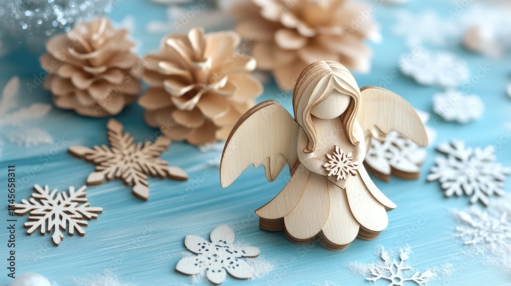 Fototapeta premium Handcrafted Christmas Angel Surrounded by Wooden Stars and Snowflakes on a Soft Blue Background Winter Holiday Decoration Concept