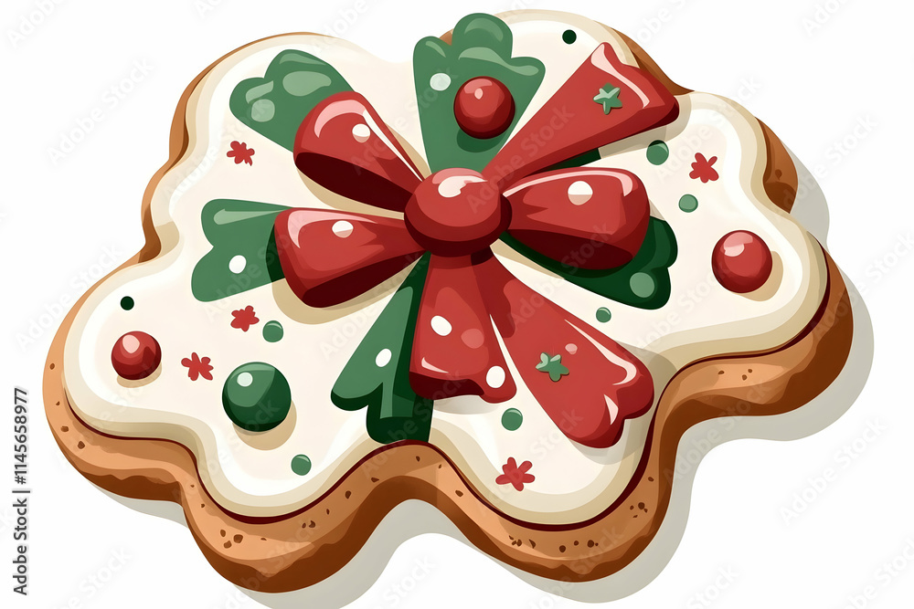 Festive Christmas Gingerbread Cookie with Bow, White Background, Holiday Baking, Food Design. Festive Christmas Gingerbread Cookie with Bow, White Background, Holiday Baking, Food Design.