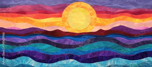 A vibrant sunset over the beach with a multicolored sky and serene waves creating a picturesque coastal landscape scene.