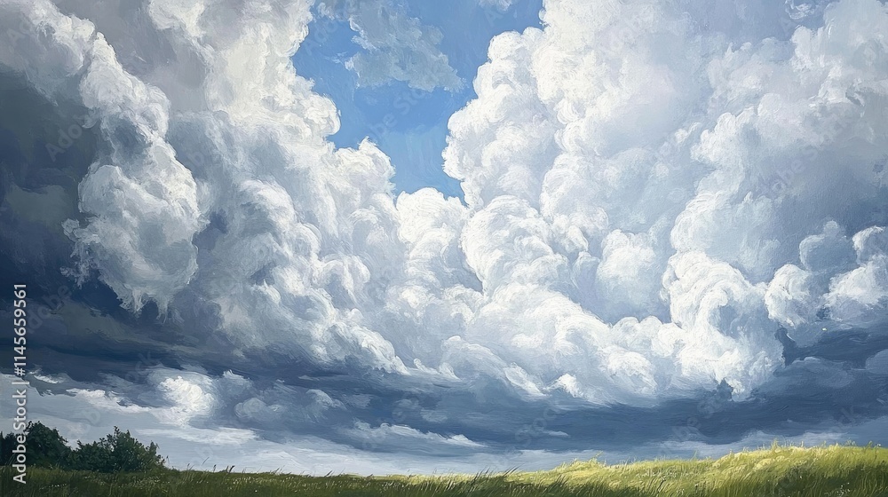 Dramatic cloud formations above a serene landscape with green grass and a hint of blue sky on a moody overcast day. Dramatic cloud formations above a serene landscape with green grass and a hint of blue sky on a moody overcast day.