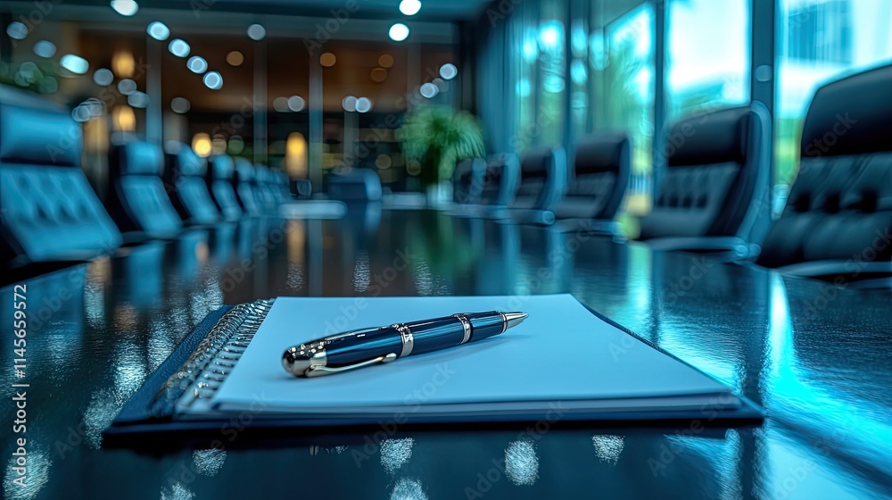 A pen and notepad on a boardroom table symbolize meetings, discussions, and brainstorming. A pen and notepad on a boardroom table symbolize meetings, discussions, and brainstorming.