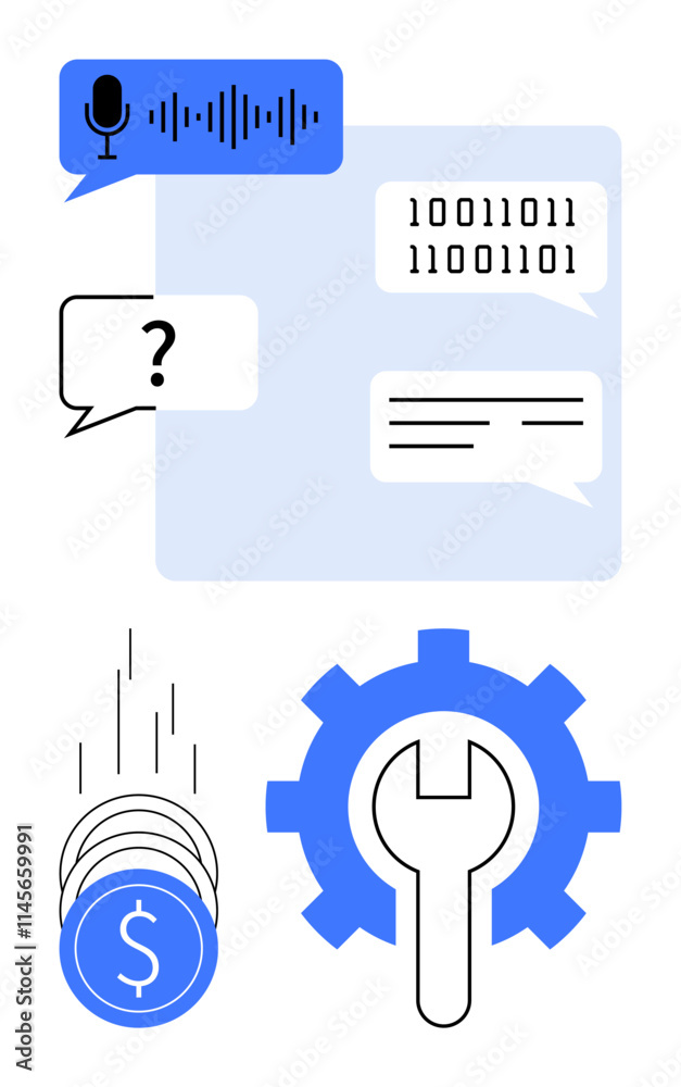 Speech bubble with microphone and soundwave icon, binary code, question mark, falling coins, and gear with wrench. Ideal for tech, finance, communication, AI coding business and automation themes Speech bubble with microphone and soundwave icon, binary code, question mark, falling coins, and gear with wrench. Ideal for tech, finance, communication, AI coding business and automation themes