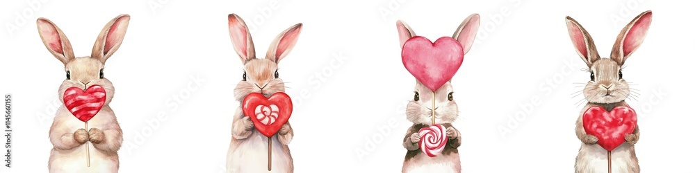 Obraz premium Four cute rabbits hold hearts and flowers, showcasing a playful and romantic theme, perfect for celebrations like Valentine's Day.