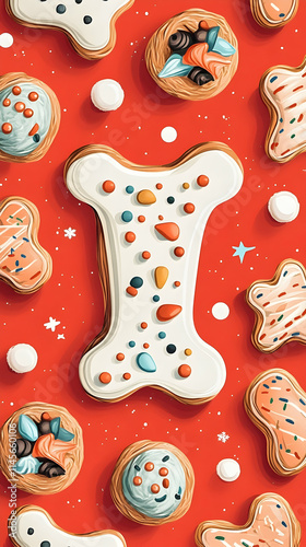 Festive Dog Bone Cookies Red Background Pet Treats Holiday Food Blog. photo