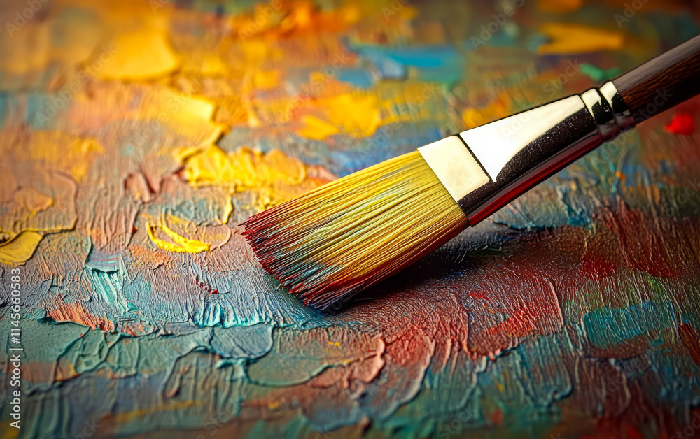Fototapeta premium Brush resting on colorful palette with vibrant paint textures showing artistic creativity