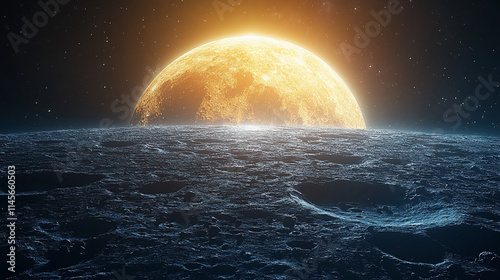 Fototapeta Naklejka Na Ścianę i Meble -  futuristic space station on the Moon with its silvery surface reflecting sunlight and the Earth visible in the distance blurred representing innovation exploration and humanity's ambition for cosmic c