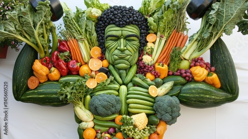 Fitness-inspired vegetable art display garden food sculpture outdoor creative concept photo