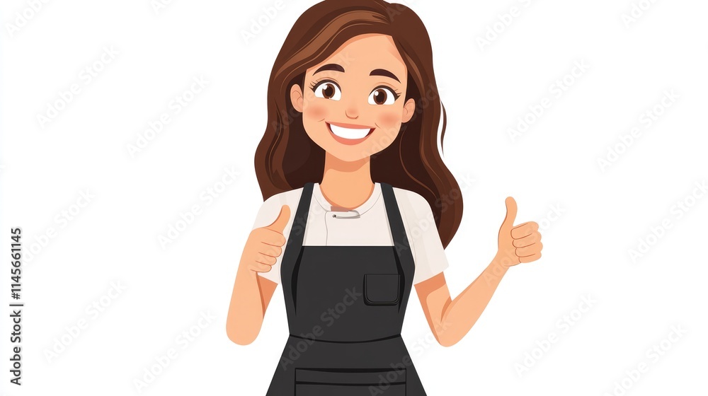 Cheerful young female barista in apron giving a thumbs up and displaying positive energy isolated on white background Cheerful young female barista in apron giving a thumbs up and displaying positive energy isolated on white background