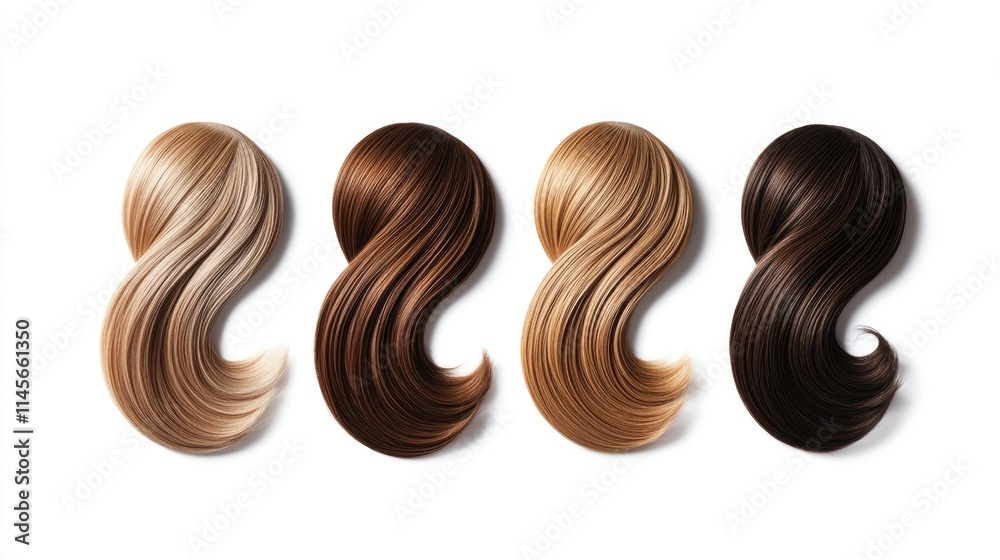 Fototapeta premium Hair extension swatches in six natural shades, from soft honey to deep coffee, arranged on a white background. Four circular samples represent each shade, including grey-brown, light chestnut,