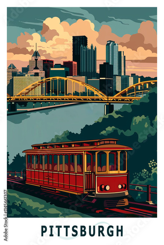 Pittsburgh USA, Pennsylvania state illustrated poster in retro style. Vintage travel booklet, postcard, print, cover with scenic skyline and skyscrapers photo